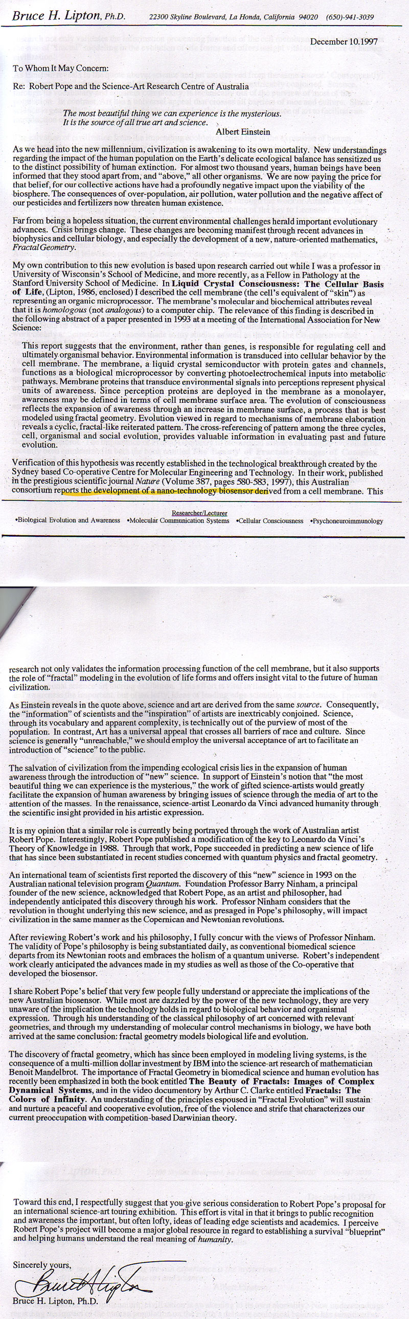 Bruce Lipton support letter