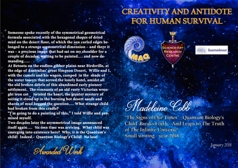 First Prize for descriptive writing in the international Creativity and Antidote for Human Survival art competition awarded to Australian artist Madeleine Cobb