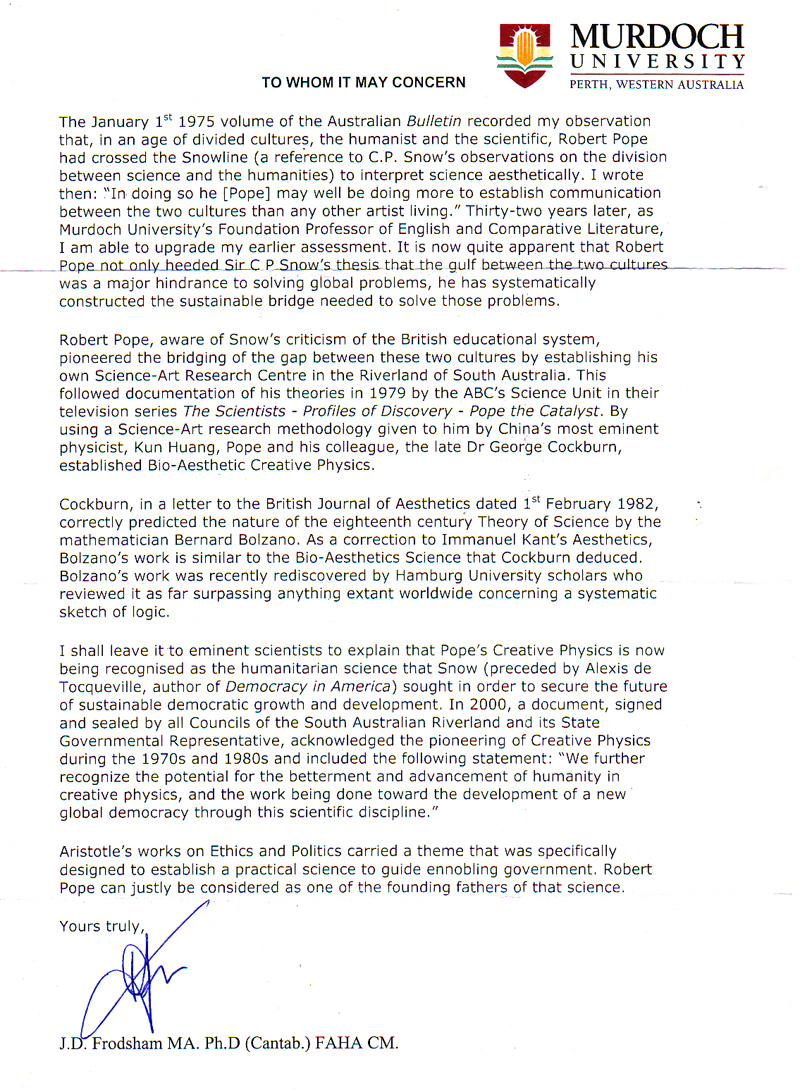 Letter from Professor John Frodsham