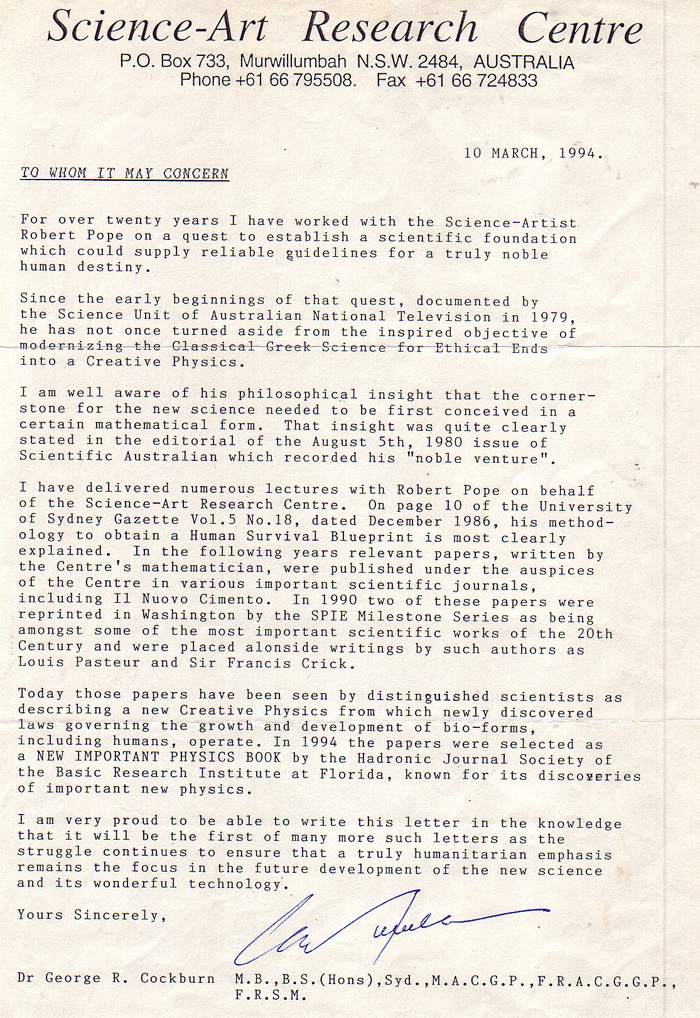 Letter from Dr Cockburn