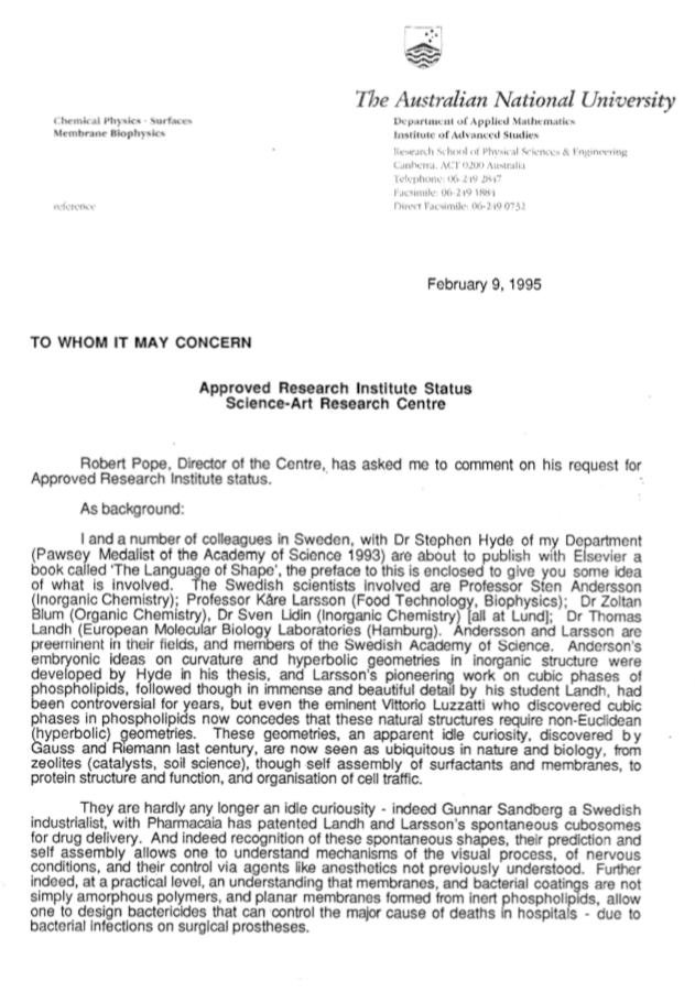 Letter from Professor Barry Ninham