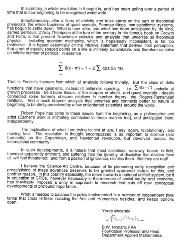 Letter from Professor Barry Ninham