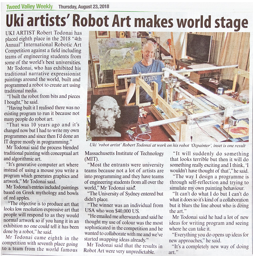 Robert Todonai article in the Tweed Weekly about winning an award in the international robot art contest